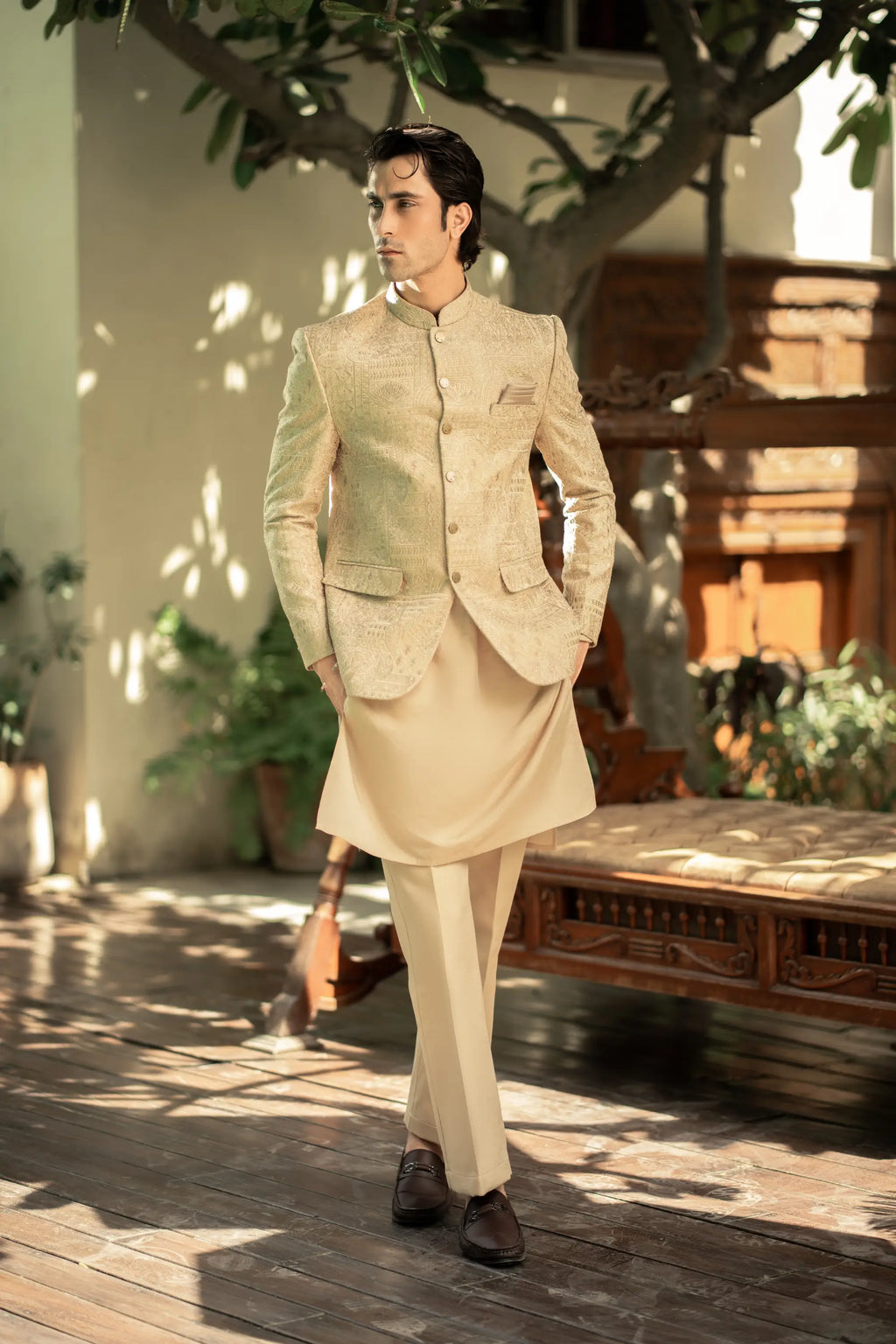 Beige Embroidered Prince Coat