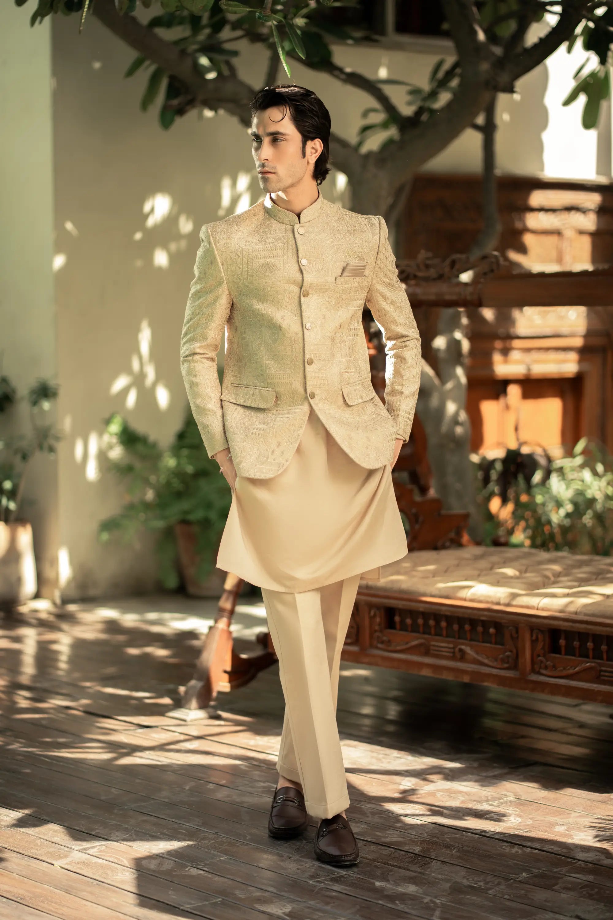 Beige Embroidered Prince Coat