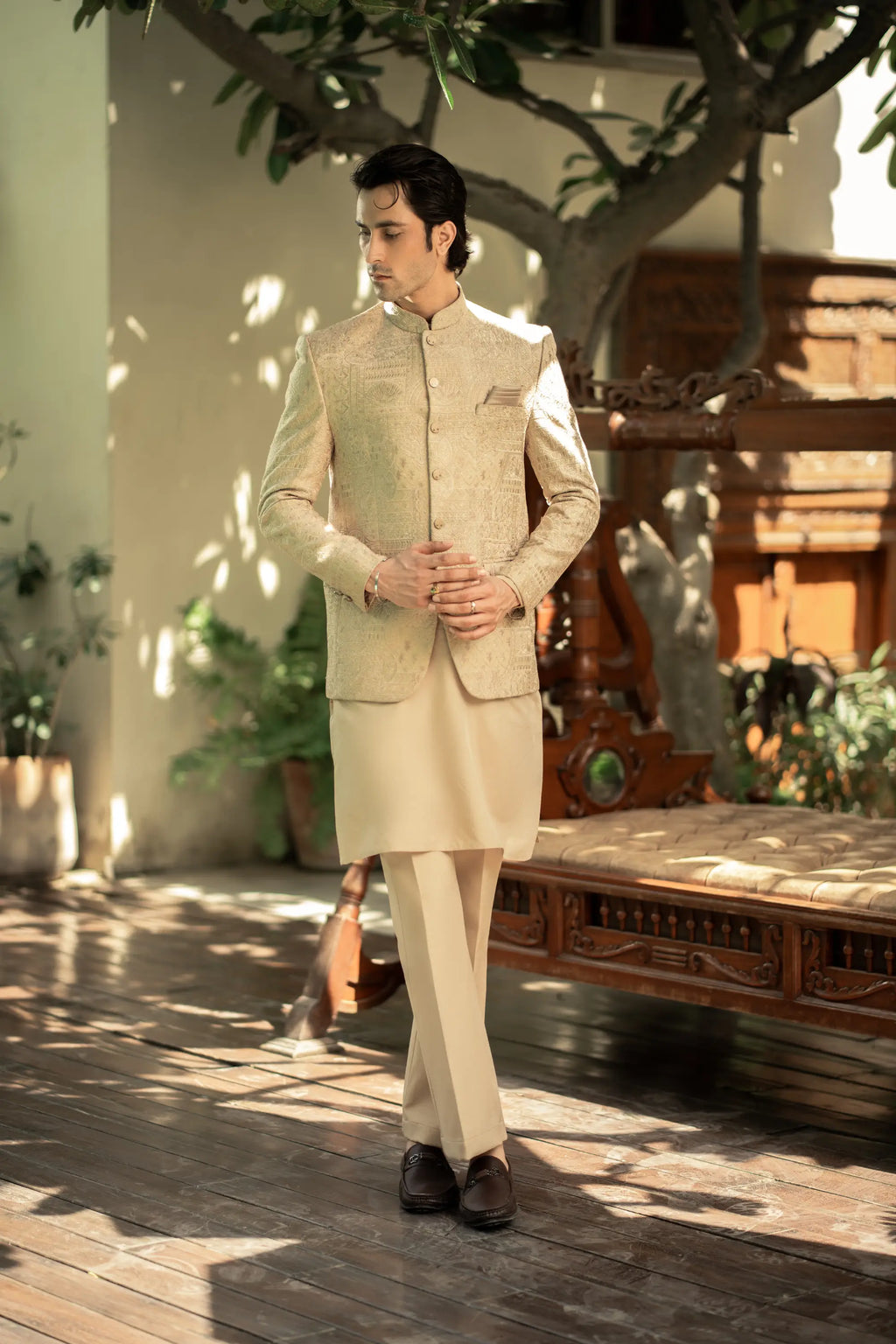 Beige Embroidered Prince Coat