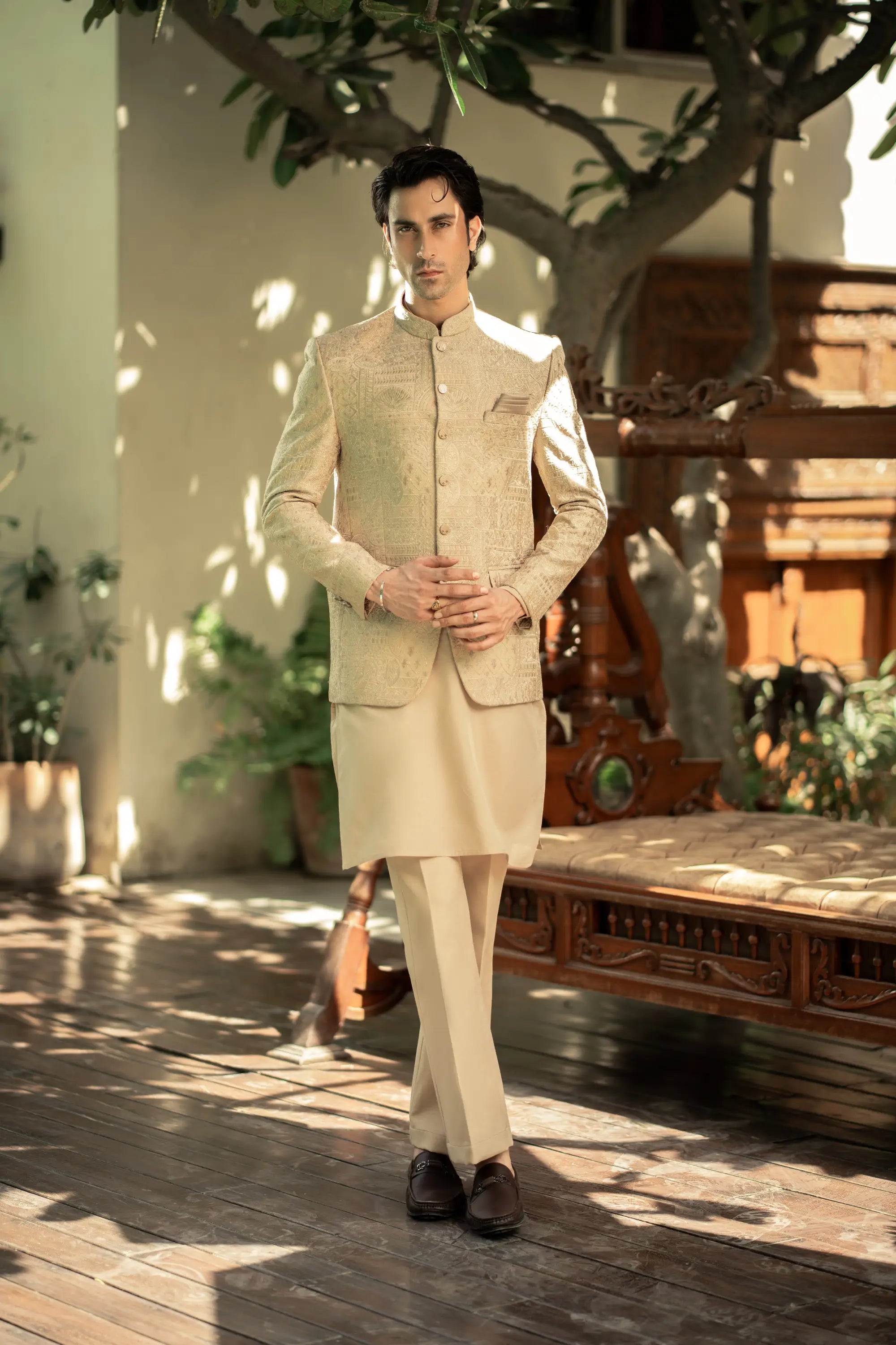 Beige Embroidered Prince Coat