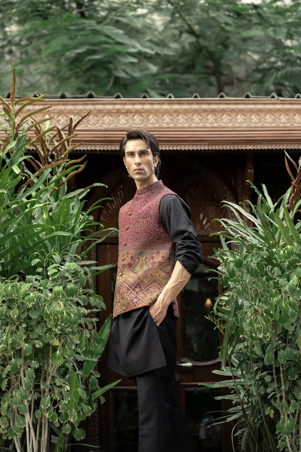 Maroon Embroidered Waistcoat W-2867-1