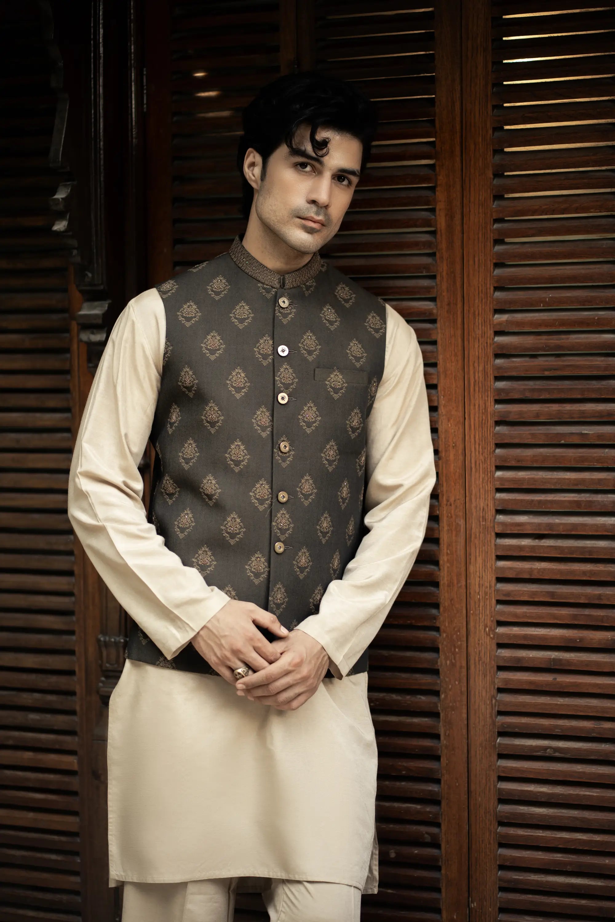 Coffee Brown Embroidered Waistcoat W-2891