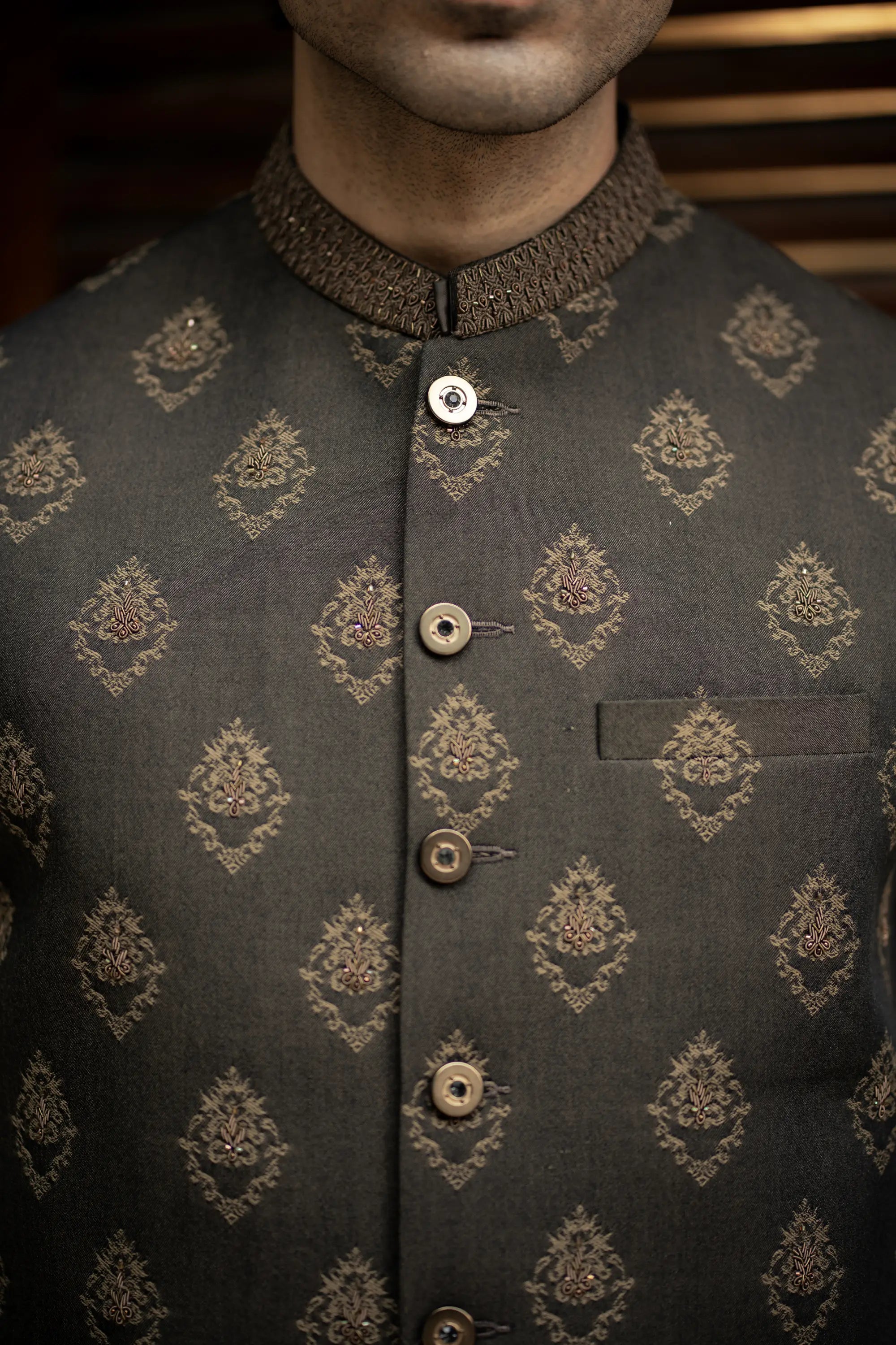 Coffee Brown Embroidered Waistcoat W-2891