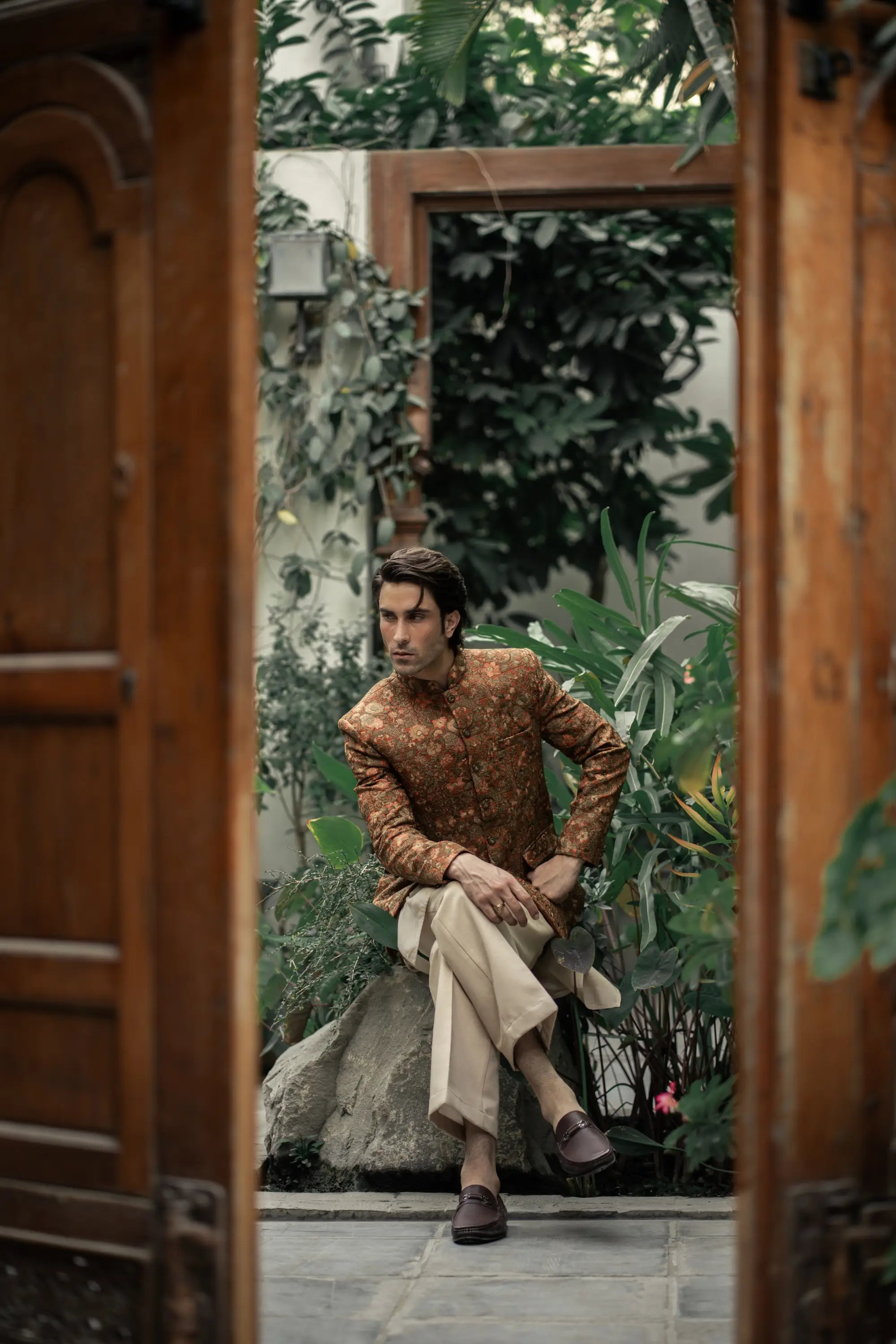 Rust Floral Embroidered Prince Coat