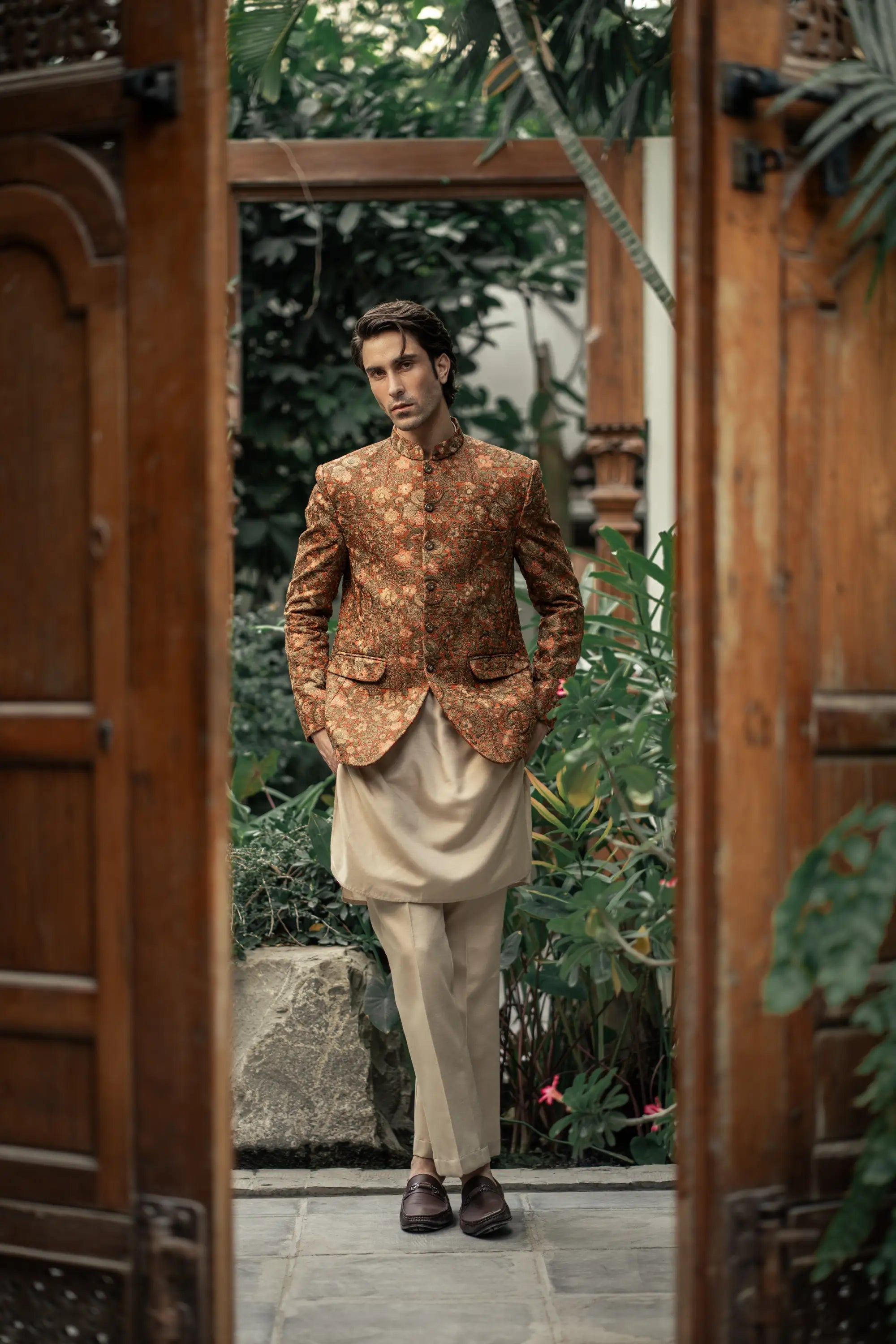 Rust Floral Embroidered Prince Coat