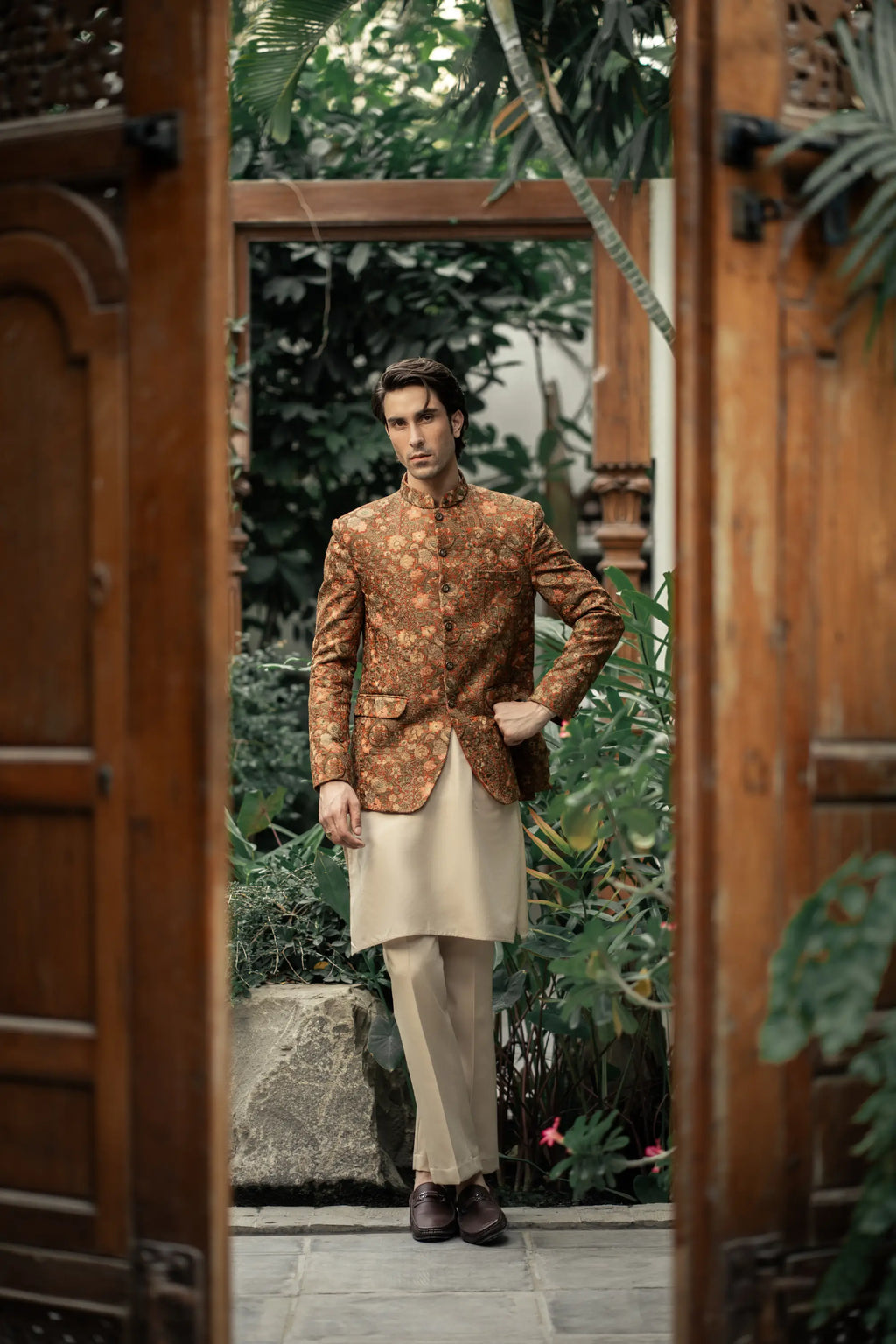 Rust Floral Embroidered Prince Coat