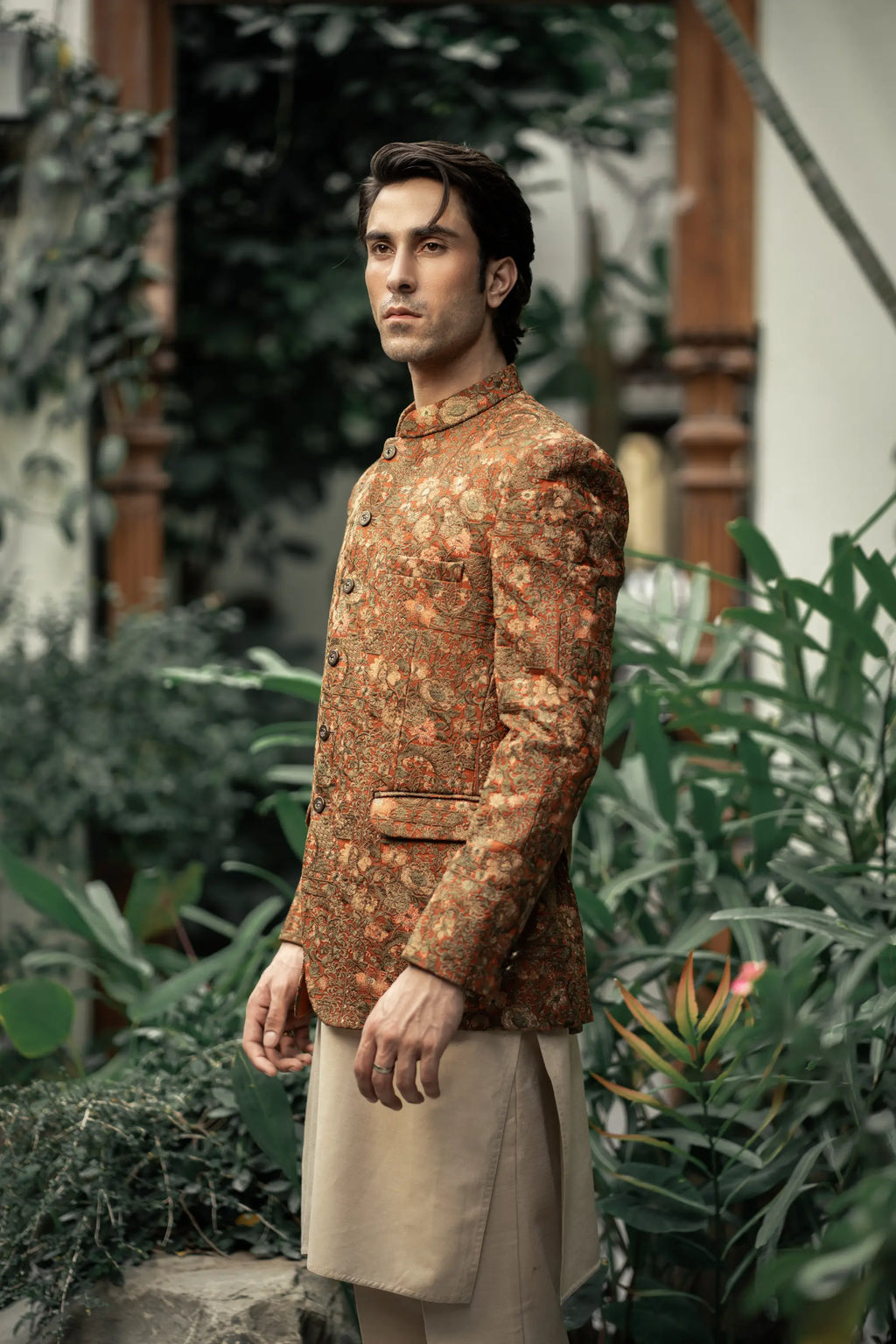 Rust Floral Embroidered Prince Coat