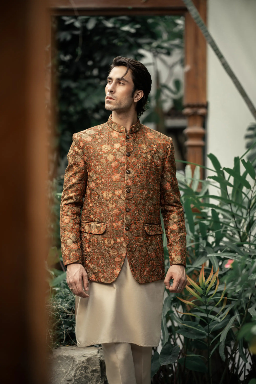 Rust Floral Embroidered Prince Coat