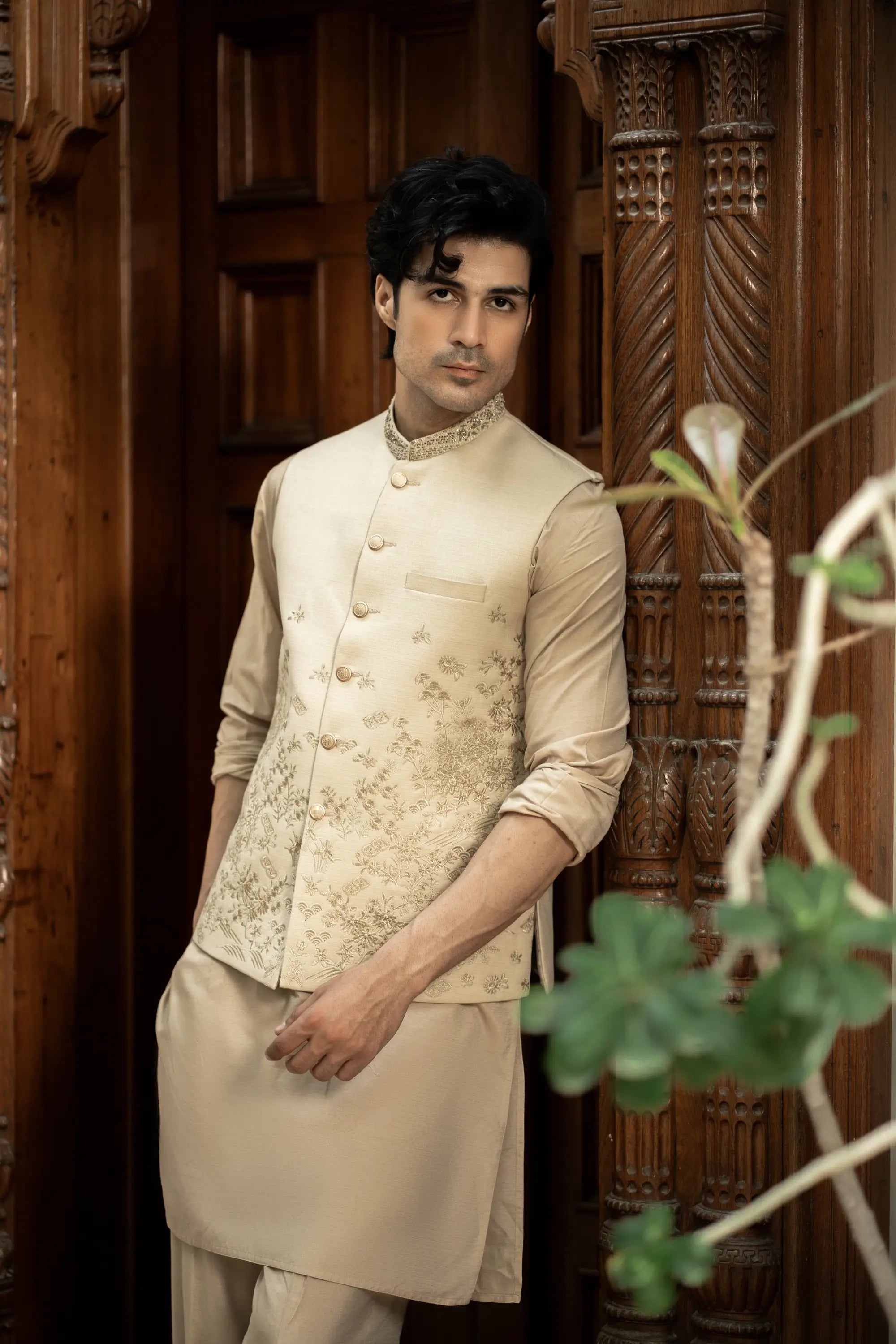Cream Embroidered Waistcoat W-3014
