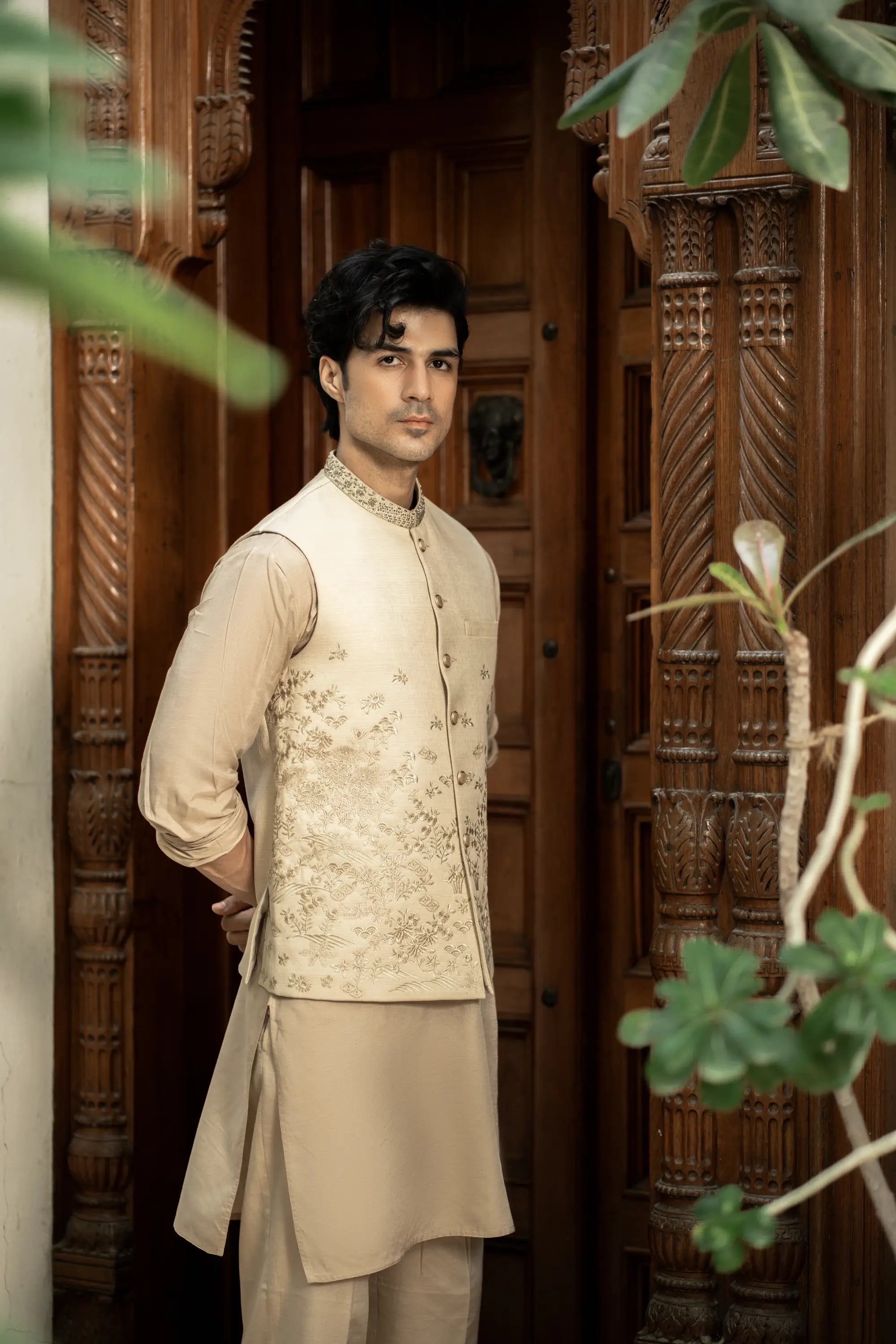 Cream Embroidered Waistcoat W-3014
