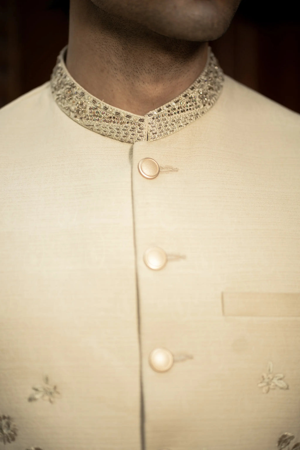 Cream Embroidered Waistcoat W-3014