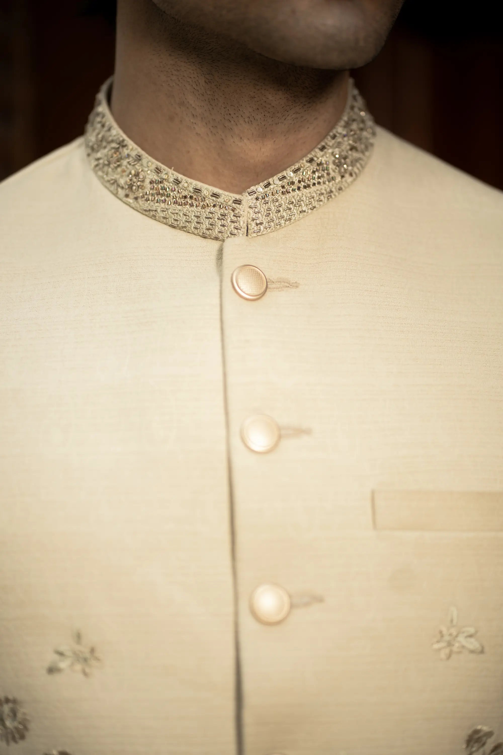Cream Embroidered Waistcoat W-3014