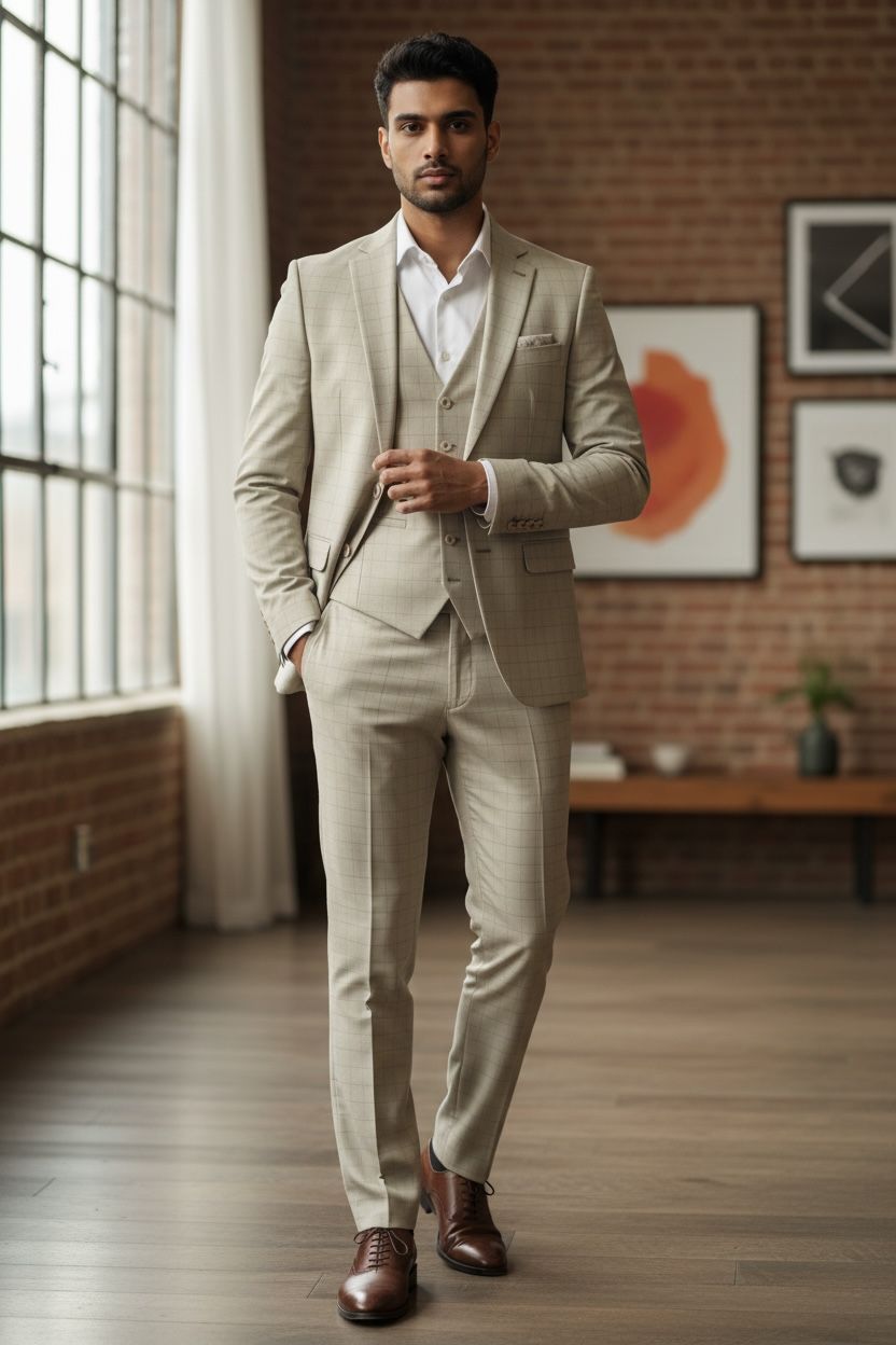 Royal Beige Checkered Three-Piece Suit
