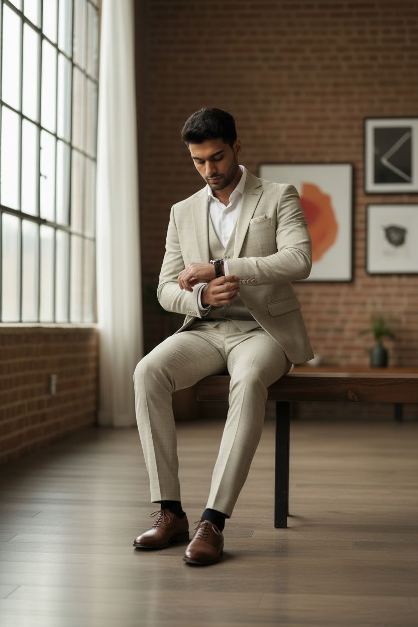 Royal Beige Checkered Three-Piece Suit